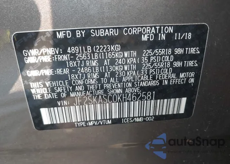 2019 Subaru Forester Limited z USA, uszkodzony, nr VIN JF2SKASC0KH462581